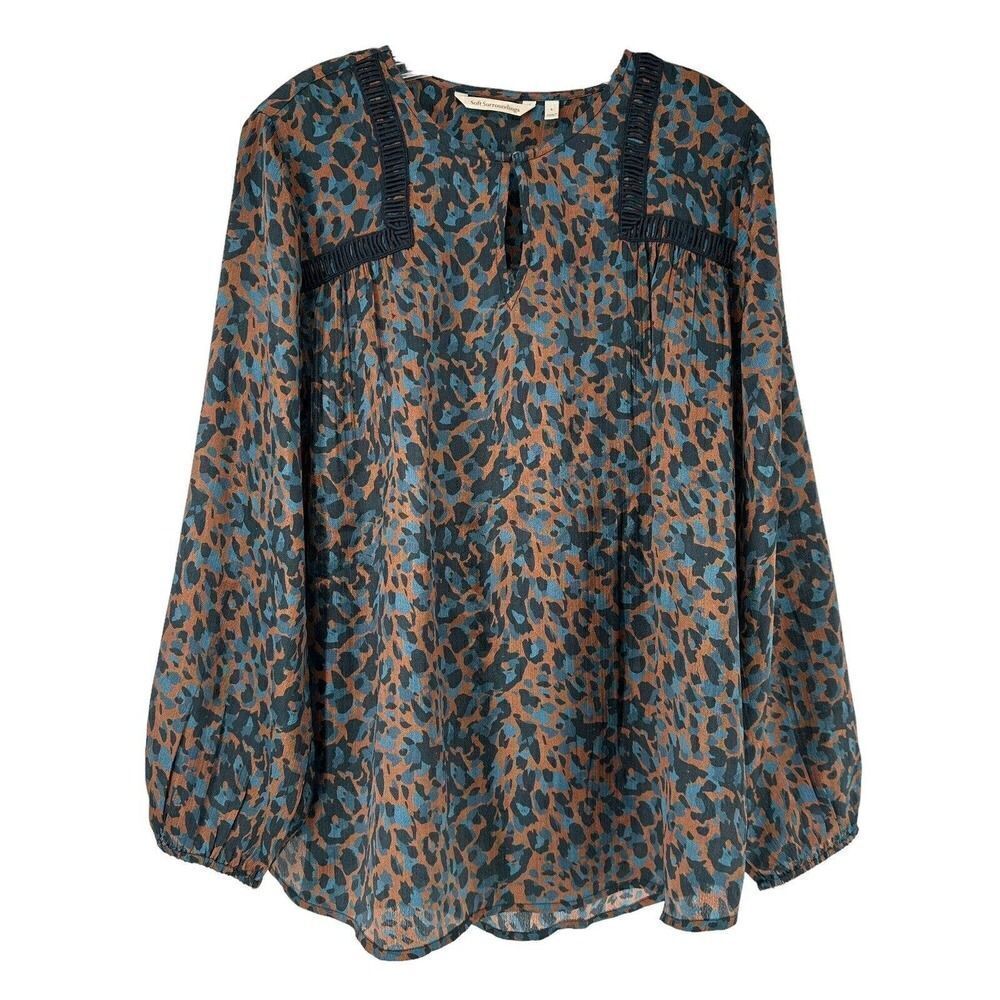 Soft Surroundings Gianna Copper Teal Animal Print Top Long Sleeve Size L Silky